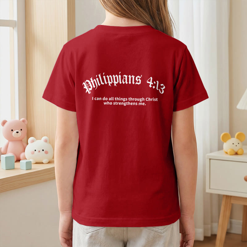 Christianartworkshop Philippiens 4:13 T-shirt enfant à manches courtes avec croix sur le devant et au dos, police gothique - image 62