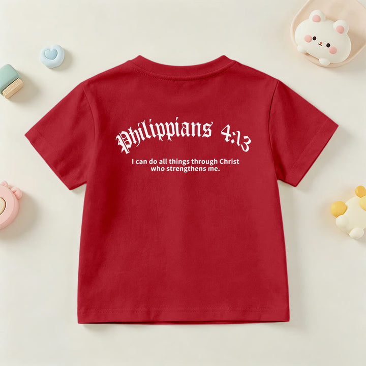 Christianartworkshop Philippiens 4:13 T-shirt enfant à manches courtes avec croix sur le devant et au dos, police gothique - image 60