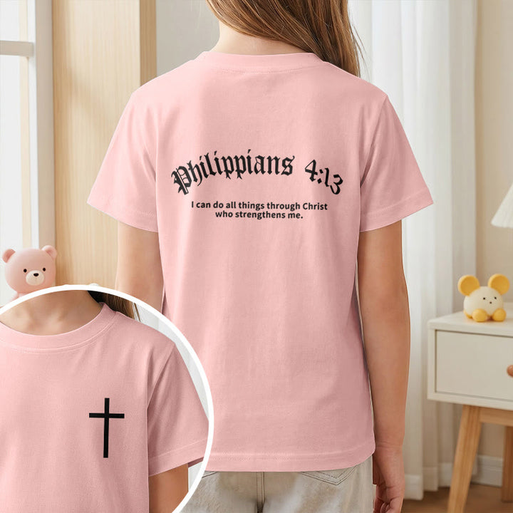 Christianartworkshop Philippiens 4:13 T-shirt enfant à manches courtes avec croix sur le devant et au dos, police gothique - image 65