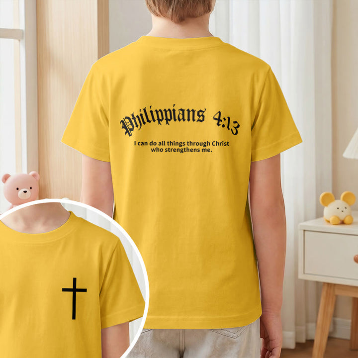 Christianartworkshop Philippiens 4:13 T-shirt enfant à manches courtes avec croix sur le devant et au dos, police gothique - image 28