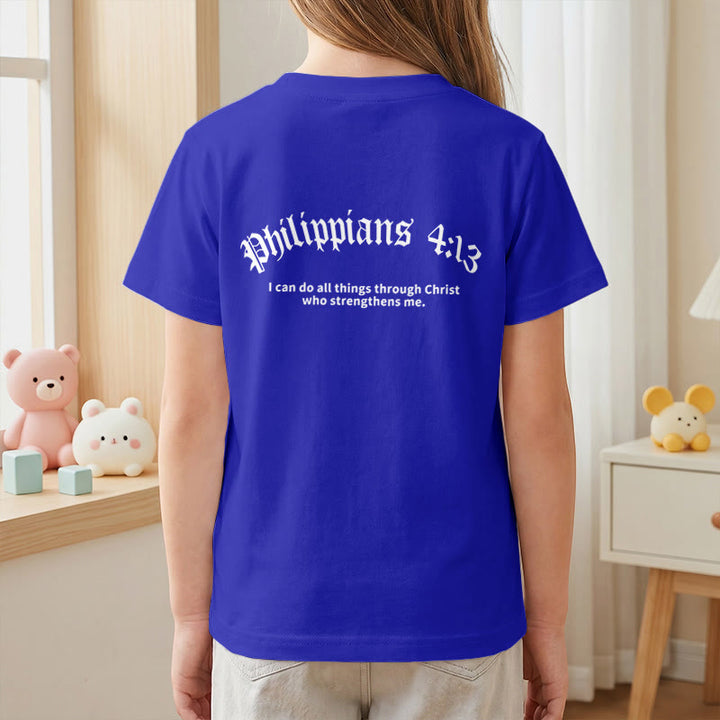 Christianartworkshop Philippiens 4:13 T-shirt enfant à manches courtes avec croix sur le devant et au dos, police gothique - image 83