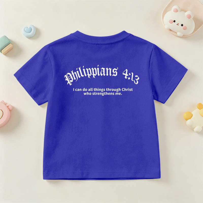 Christianartworkshop Philippiens 4:13 T-shirt enfant à manches courtes avec croix sur le devant et au dos, police gothique - image 87