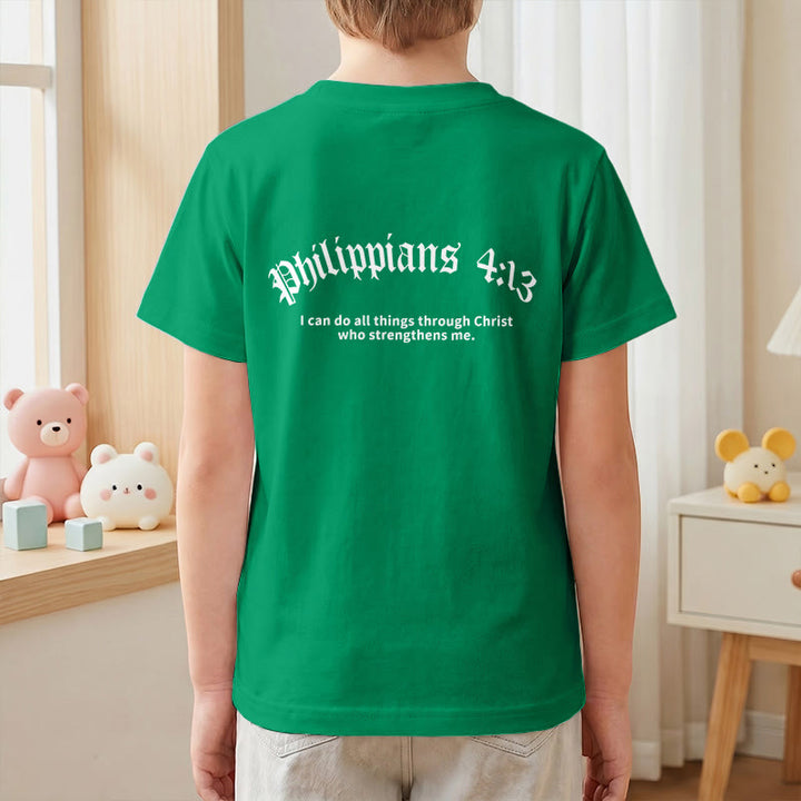 Christianartworkshop Philippiens 4:13 T-shirt enfant à manches courtes avec croix sur le devant et au dos, police gothique - image 79