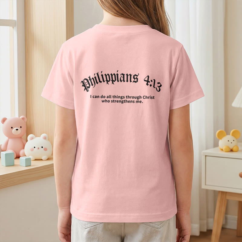 Christianartworkshop Philippiens 4:13 T-shirt enfant à manches courtes avec croix sur le devant et au dos, police gothique - image 71