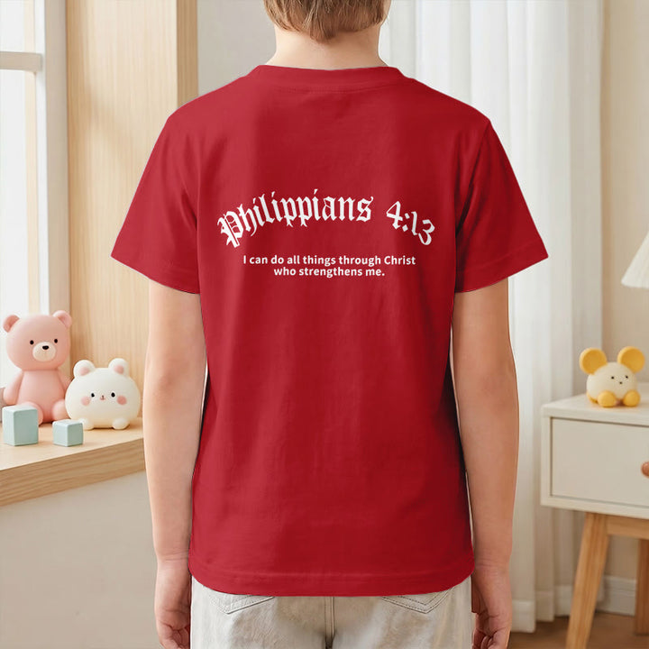 Christianartworkshop Philippiens 4:13 T-shirt enfant à manches courtes avec croix sur le devant et au dos, police gothique - image 61