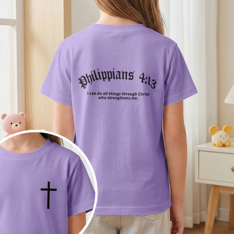 Christianartworkshop Philippiens 4:13 T-shirt enfant à manches courtes avec croix sur le devant et au dos, police gothique - image 47
