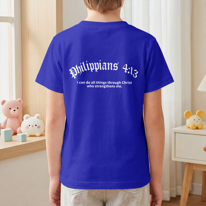 Christianartworkshop Philippiens 4:13 T-shirt enfant à manches courtes avec croix sur le devant et au dos, police gothique - image 88