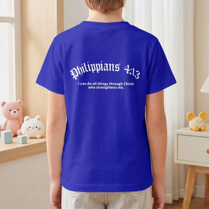Christianartworkshop Philippiens 4:13 T-shirt enfant à manches courtes avec croix sur le devant et au dos, police gothique - image 88