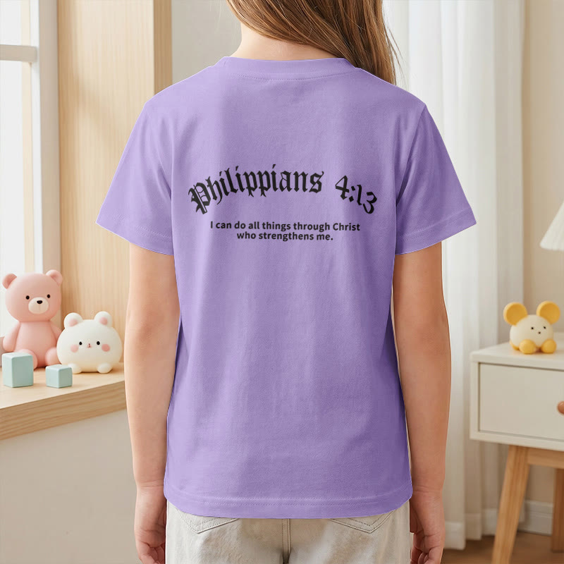 Christianartworkshop Philippiens 4:13 T-shirt enfant à manches courtes avec croix sur le devant et au dos, police gothique - image 53