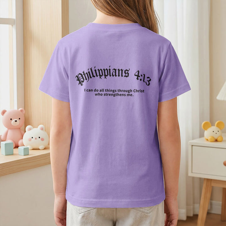 Christianartworkshop Philippiens 4:13 T-shirt enfant à manches courtes avec croix sur le devant et au dos, police gothique - image 53