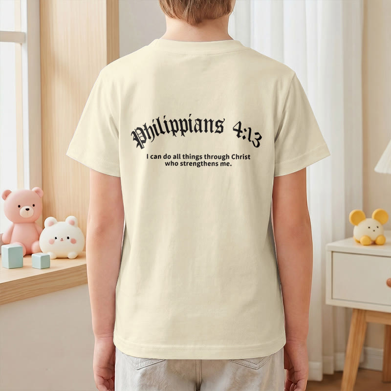 Christianartworkshop Philippiens 4:13 T-shirt enfant à manches courtes avec croix sur le devant et au dos, police gothique - image 7