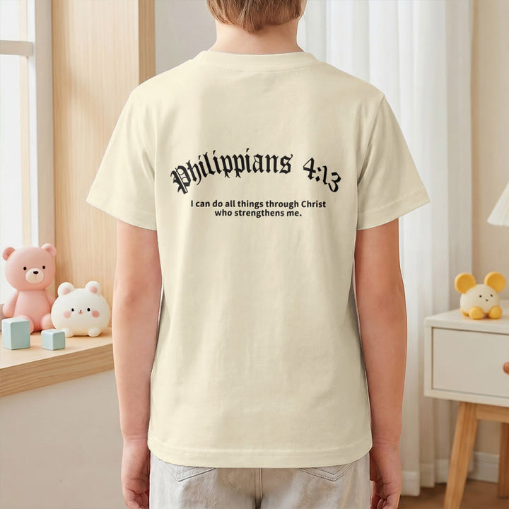 Christianartworkshop Philippiens 4:13 T-shirt enfant à manches courtes avec croix sur le devant et au dos, police gothique - image 7