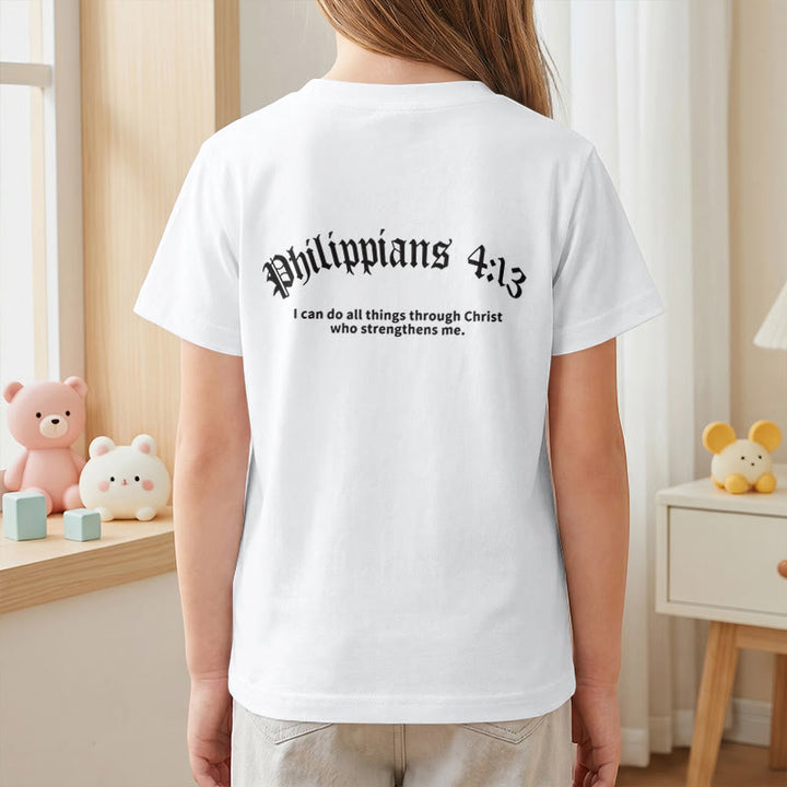 Christianartworkshop Philippiens 4:13 T-shirt enfant à manches courtes avec croix sur le devant et au dos, police gothique - image 17