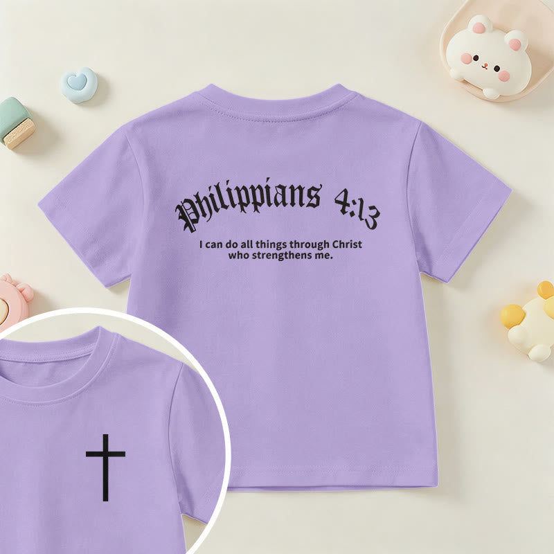 Christianartworkshop Philippiens 4:13 T-shirt enfant à manches courtes avec croix sur le devant et au dos, police gothique - Violet - US/UK/AU 14, EU170 - image 45