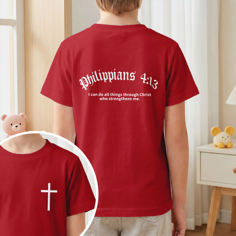 Christianartworkshop Philippiens 4:13 T-shirt enfant à manches courtes avec croix sur le devant et au dos, police gothique - image 55