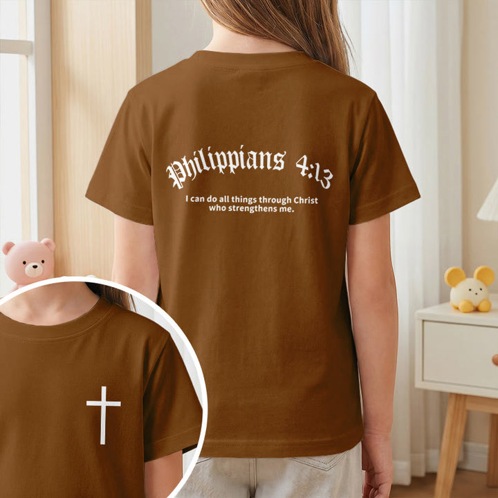 Christianartworkshop Philippiens 4:13 T-shirt enfant à manches courtes avec croix sur le devant et au dos, police gothique - image 20