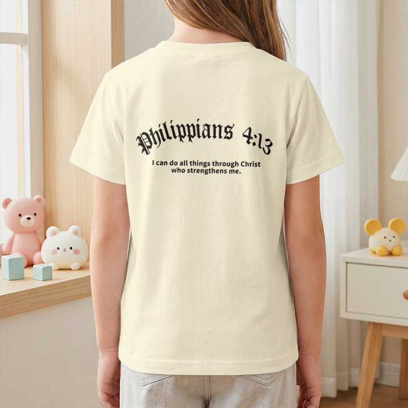 Christianartworkshop Philippiens 4:13 T-shirt enfant à manches courtes avec croix sur le devant et au dos, police gothique - image 8
