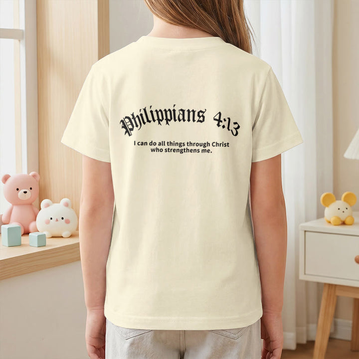 Christianartworkshop Philippiens 4:13 T-shirt enfant à manches courtes avec croix sur le devant et au dos, police gothique - image 8