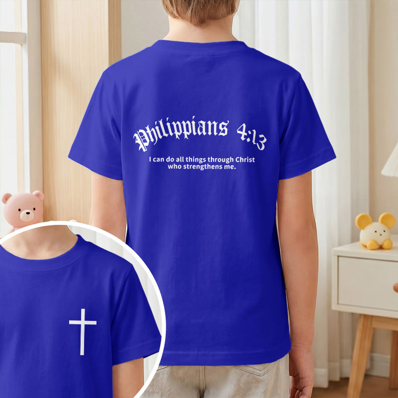 Christianartworkshop Philippiens 4:13 T-shirt enfant à manches courtes avec croix sur le devant et au dos, police gothique - image 82