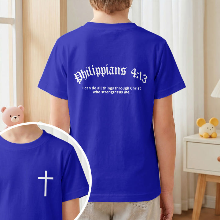 Christianartworkshop Philippiens 4:13 T-shirt enfant à manches courtes avec croix sur le devant et au dos, police gothique - image 82