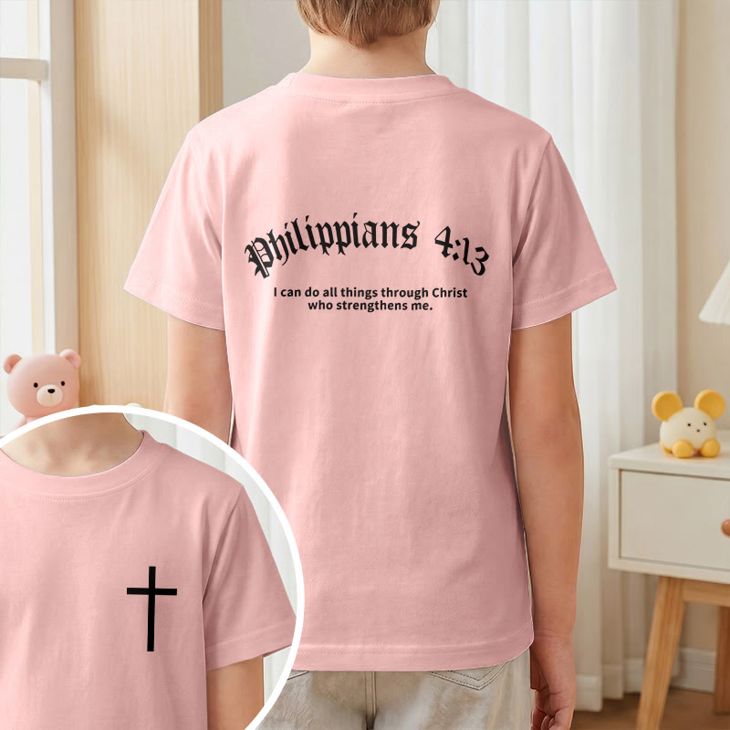 Christianartworkshop Philippiens 4:13 T-shirt enfant à manches courtes avec croix sur le devant et au dos, police gothique - image 64