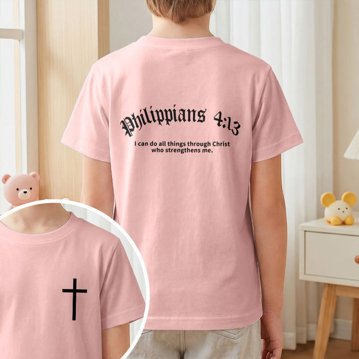 Christianartworkshop Philippiens 4:13 T-shirt enfant à manches courtes avec croix sur le devant et au dos, police gothique - image 64