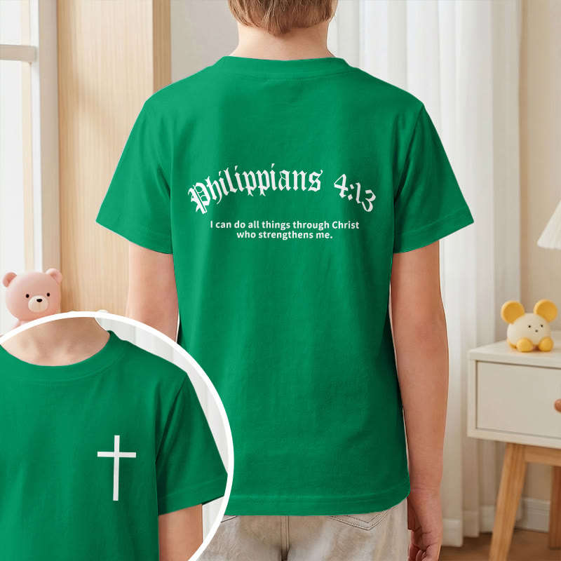 Christianartworkshop Philippiens 4:13 T-shirt enfant à manches courtes avec croix sur le devant et au dos, police gothique - image 73