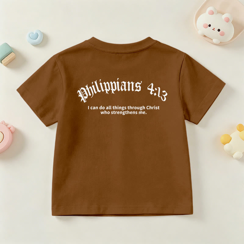 Christianartworkshop Philippiens 4:13 T-shirt enfant à manches courtes avec croix sur le devant et au dos, police gothique - image 24