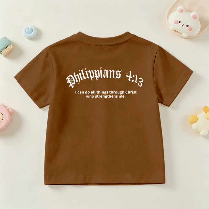Christianartworkshop Philippiens 4:13 T-shirt enfant à manches courtes avec croix sur le devant et au dos, police gothique - image 24