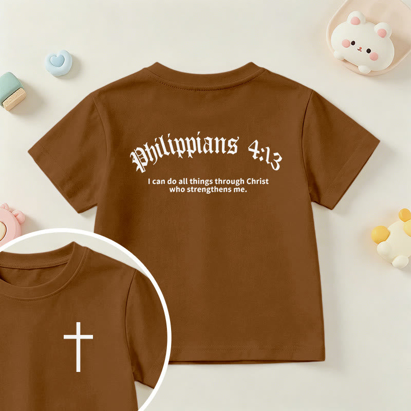 Christianartworkshop Philippiens 4:13 T-shirt enfant à manches courtes avec croix sur le devant et au dos, police gothique - Brun - US/UK/AU 14, EU170 - image 18