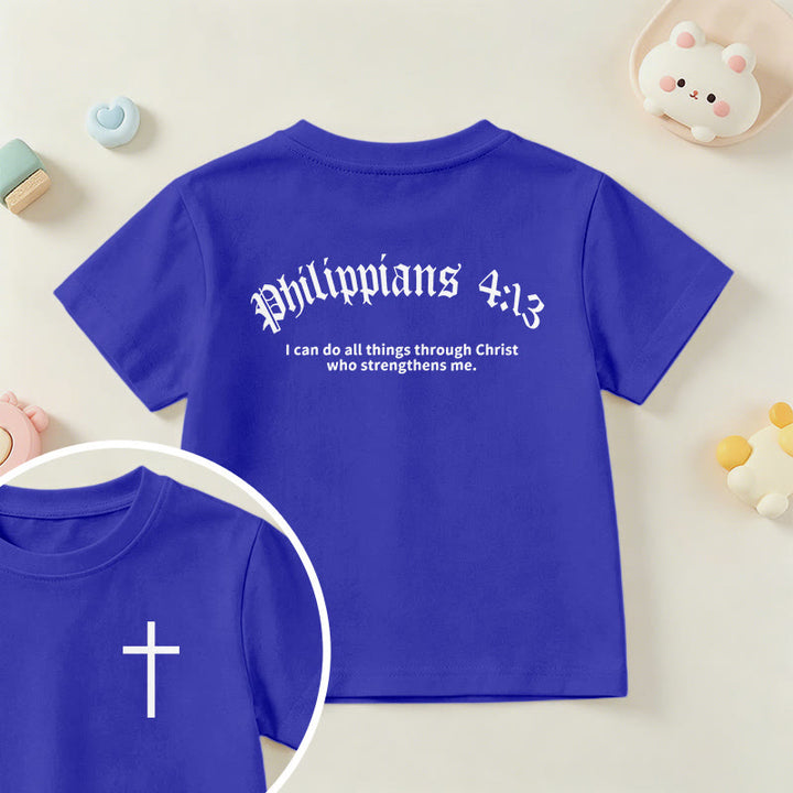 Christianartworkshop Philippiens 4:13 T-shirt enfant à manches courtes avec croix sur le devant et au dos, police gothique - Bleu - US/UK/AU 14, EU170 - image 81