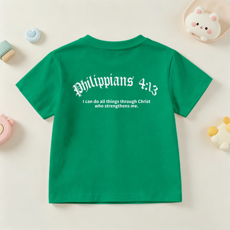 Christianartworkshop Philippiens 4:13 T-shirt enfant à manches courtes avec croix sur le devant et au dos, police gothique - image 78