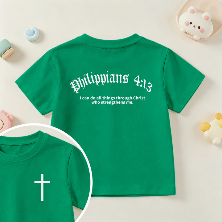 Christianartworkshop Philippiens 4:13 T-shirt enfant à manches courtes avec croix sur le devant et au dos, police gothique - Vert - US/UK/AU 14, EU170 - image 72