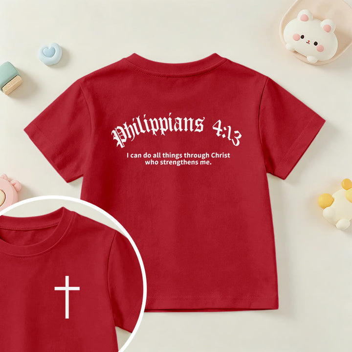 Christianartworkshop Philippiens 4:13 T-shirt enfant à manches courtes avec croix sur le devant et au dos, police gothique - Rouge - US/UK/AU 14, EU170 - image 54