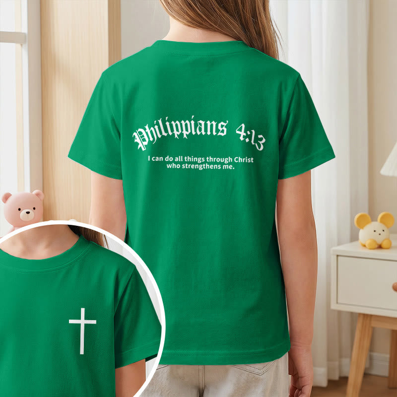 Christianartworkshop Philippiens 4:13 T-shirt enfant à manches courtes avec croix sur le devant et au dos, police gothique - image 74