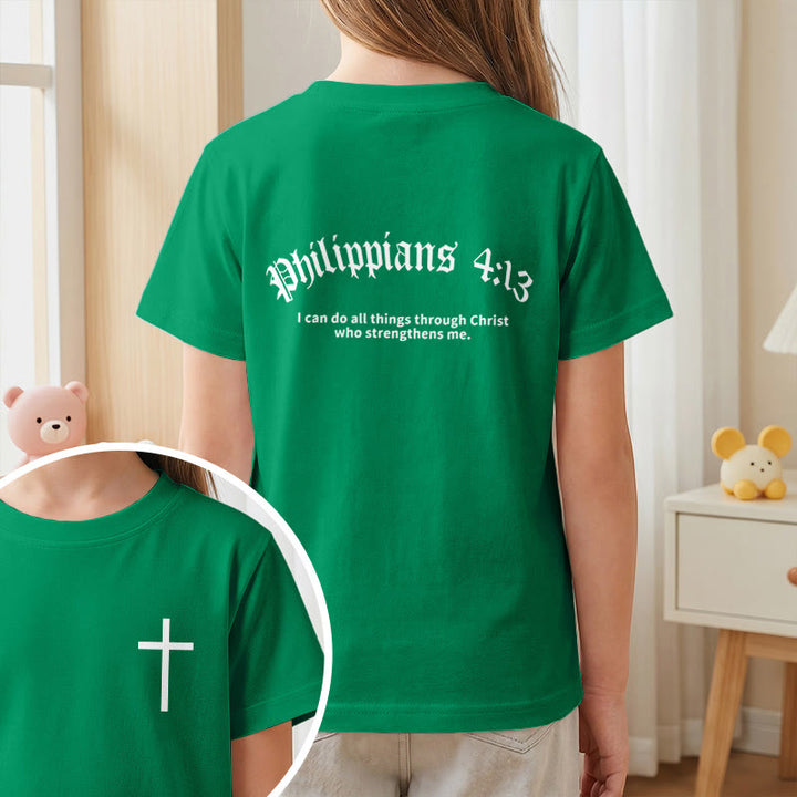 Christianartworkshop Philippiens 4:13 T-shirt enfant à manches courtes avec croix sur le devant et au dos, police gothique - image 74