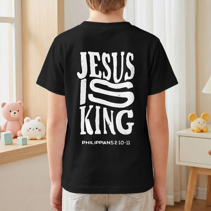 Christianartworkshop T-shirt enfant à manches courtes « Jésus est roi » Philippiens 2:10-11, imprimé recto verso en gras effet vieilli - image 43