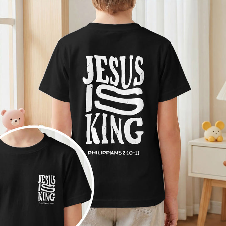 Christianartworkshop T-shirt enfant à manches courtes « Jésus est roi » Philippiens 2:10-11, imprimé recto verso en gras effet vieilli - image 37