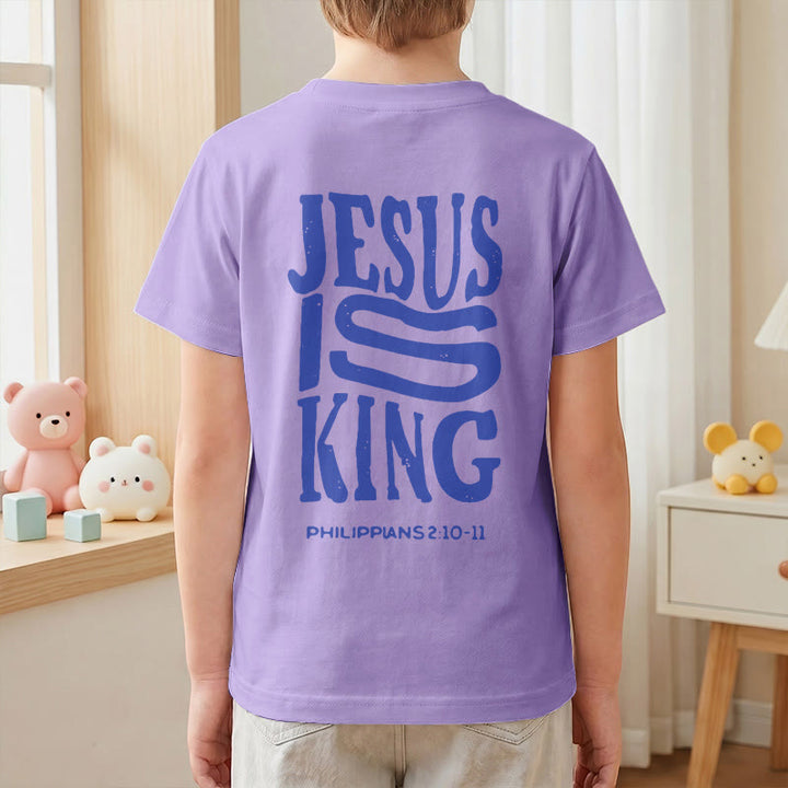 Christianartworkshop T-shirt enfant à manches courtes « Jésus est roi » Philippiens 2:10-11, imprimé recto verso en gras effet vieilli - image 52