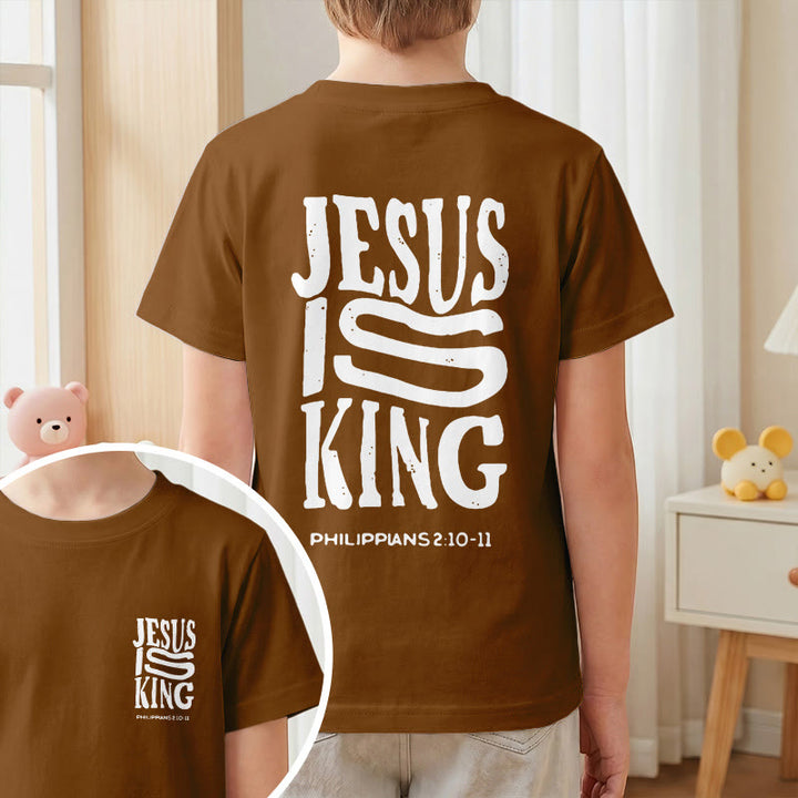 Christianartworkshop T-shirt enfant à manches courtes « Jésus est roi » Philippiens 2:10-11, imprimé recto verso en gras effet vieilli - image 19