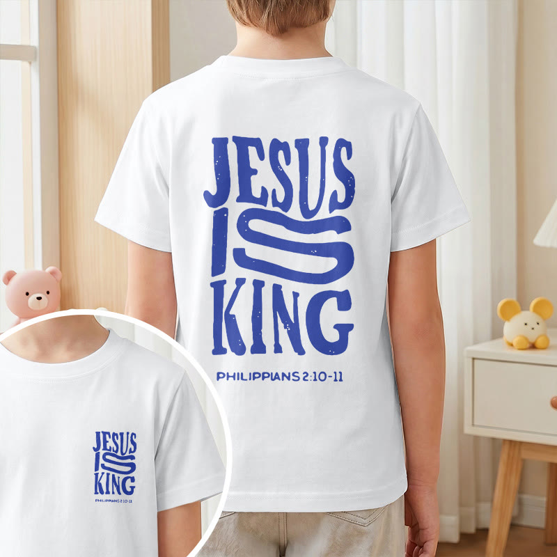 Christianartworkshop T-shirt enfant à manches courtes « Jésus est roi » Philippiens 2:10-11, imprimé recto verso en gras effet vieilli - image 10