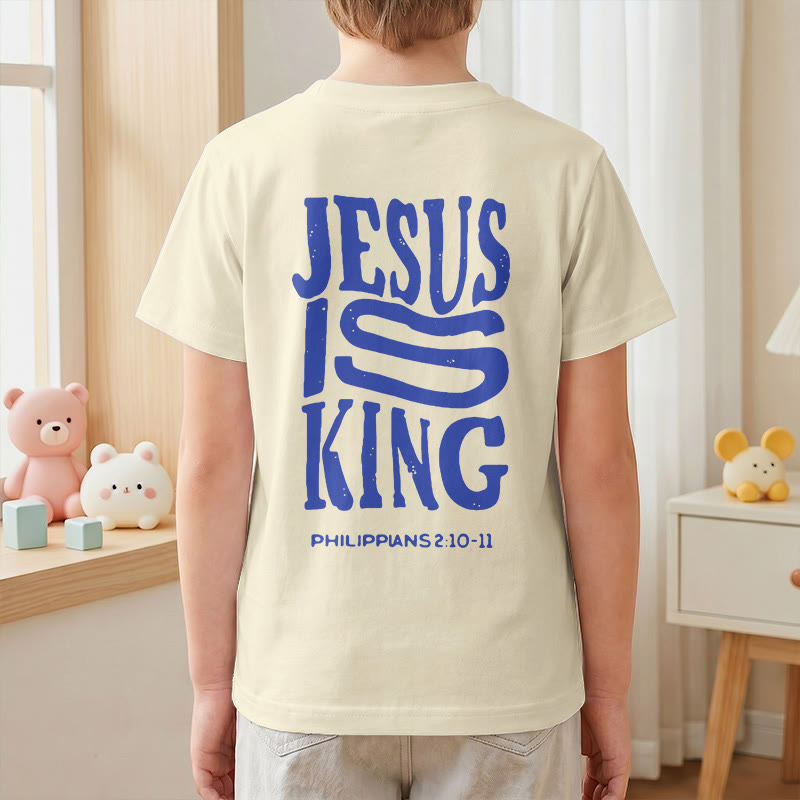 Christianartworkshop T-shirt enfant à manches courtes « Jésus est roi » Philippiens 2:10-11, imprimé recto verso en gras effet vieilli - image 7