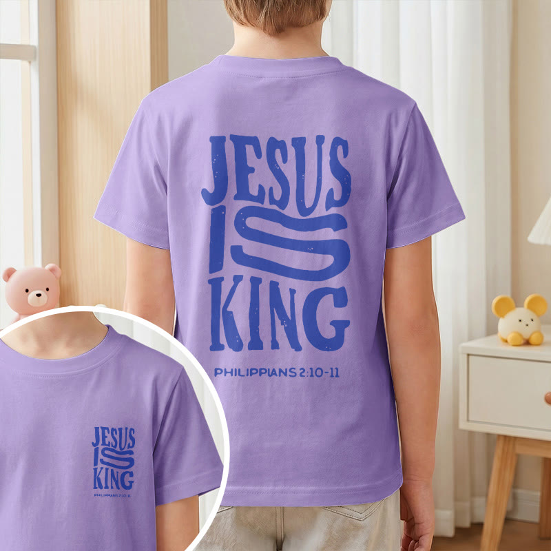 Christianartworkshop T-shirt enfant à manches courtes « Jésus est roi » Philippiens 2:10-11, imprimé recto verso en gras effet vieilli - image 46