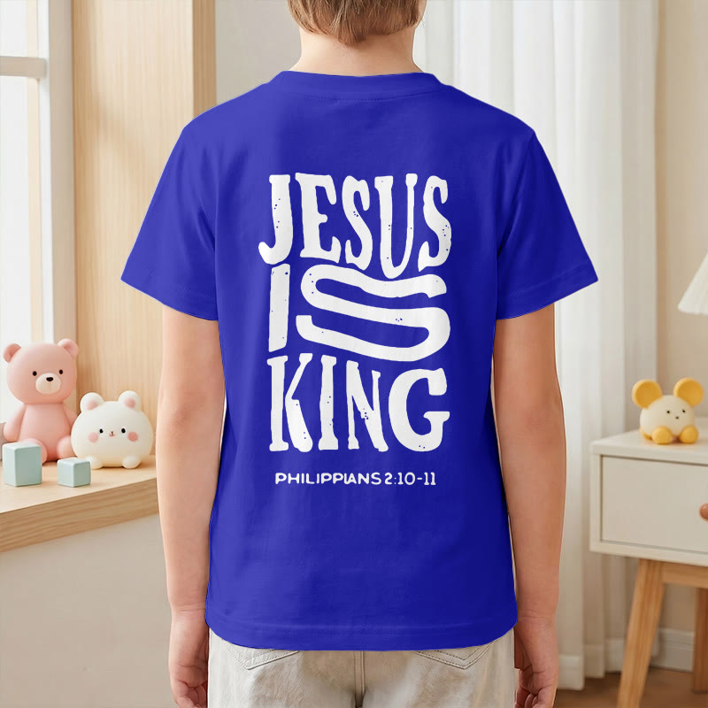 Christianartworkshop T-shirt enfant à manches courtes « Jésus est roi » Philippiens 2:10-11, imprimé recto verso en gras effet vieilli - image 88