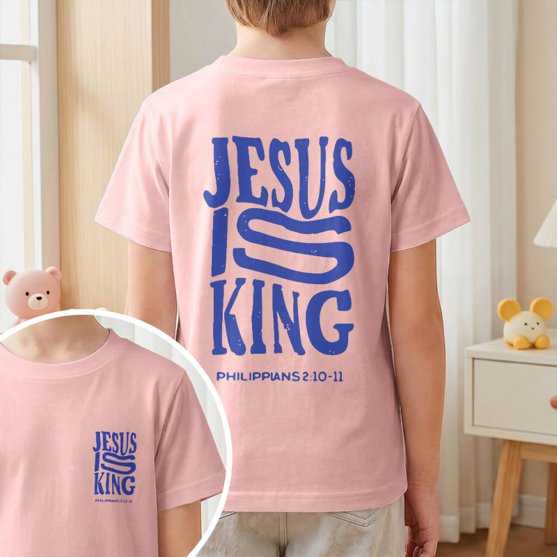 Christianartworkshop T-shirt enfant à manches courtes « Jésus est roi » Philippiens 2:10-11, imprimé recto verso en gras effet vieilli - image 64