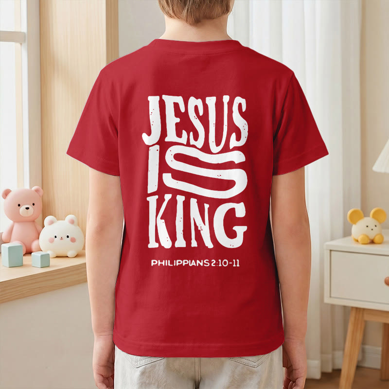 Christianartworkshop T-shirt enfant à manches courtes « Jésus est roi » Philippiens 2:10-11, imprimé recto verso en gras effet vieilli - image 61