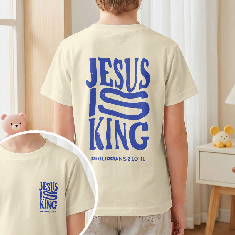 Christianartworkshop T-shirt enfant à manches courtes « Jésus est roi » Philippiens 2:10-11, imprimé recto verso en gras effet vieilli - image 1