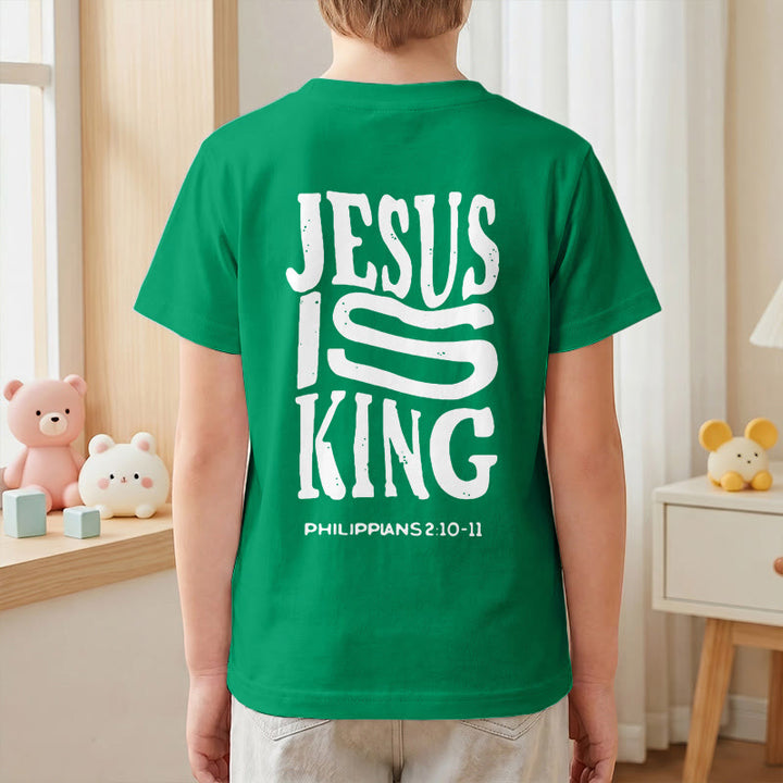 Christianartworkshop T-shirt enfant à manches courtes « Jésus est roi » Philippiens 2:10-11, imprimé recto verso en gras effet vieilli - image 79
