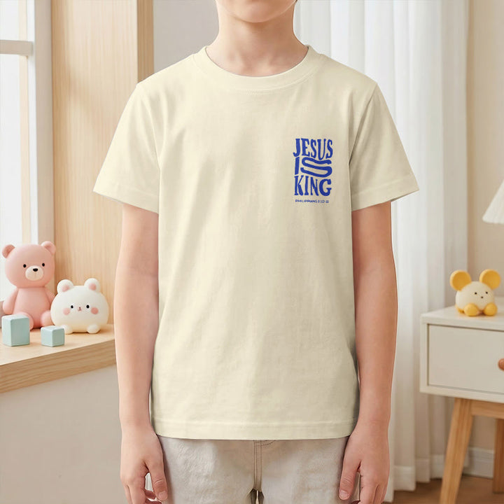 Christianartworkshop T-shirt enfant à manches courtes « Jésus est roi » Philippiens 2:10-11, imprimé recto verso en gras effet vieilli - image 4