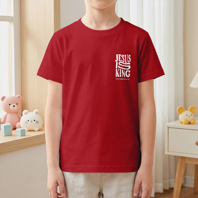 Christianartworkshop T-shirt enfant à manches courtes « Jésus est roi » Philippiens 2:10-11, imprimé recto verso en gras effet vieilli - image 58